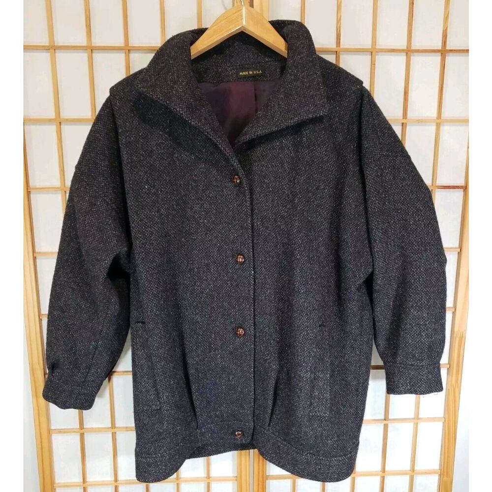 Vintage Michelle Stuart Womens Jacket 100% Wool Black Purple Button Up Size XL